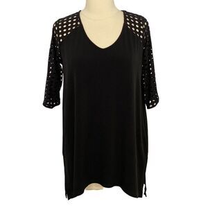 Clara Sun Woo Black Jersey Knit Tunic Top 3/4 Laser Cut Sleeve V-neck Size XS